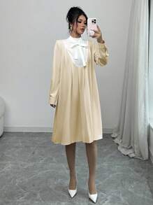 Selianne Women's Solid Color Lace-Up Long Sleeve Elegant Midi Dress Fall Cloth For Women - Apricot - View 6