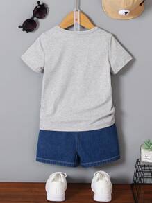SHEIN Young Boy Summer Casual Letter Print Round Neck Short Sleeve T-Shirt - Grey - View 2