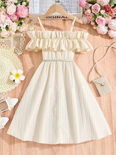 SHEIN Tween Girls' Casual Woven Ruffle Off Shoulder Adjustable Simple Dress, Spring/Summer
