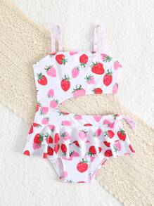 Baby Girl Cute Strawberry Print Waist Cutout Ruffle One-Piece Swimsuit - Multicolor - View 3