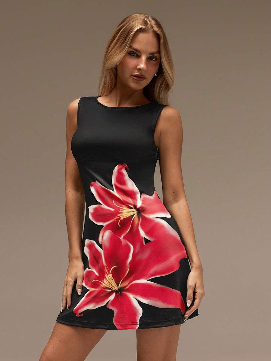 SHEIN Forever 21 Damen Sommerkleid mit Blume Muster, rundem Ausschnitt, ärmellos, Lässig Beach Mini Kleid - Schwarz - Übersicht 1
