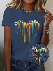 INAWLY Koszulka z nadrukiem łapy psa w kształcie serca, okrągły dekolt, krótki rękaw, do swobodnego stroju, koszulki graficzne, damskie topy