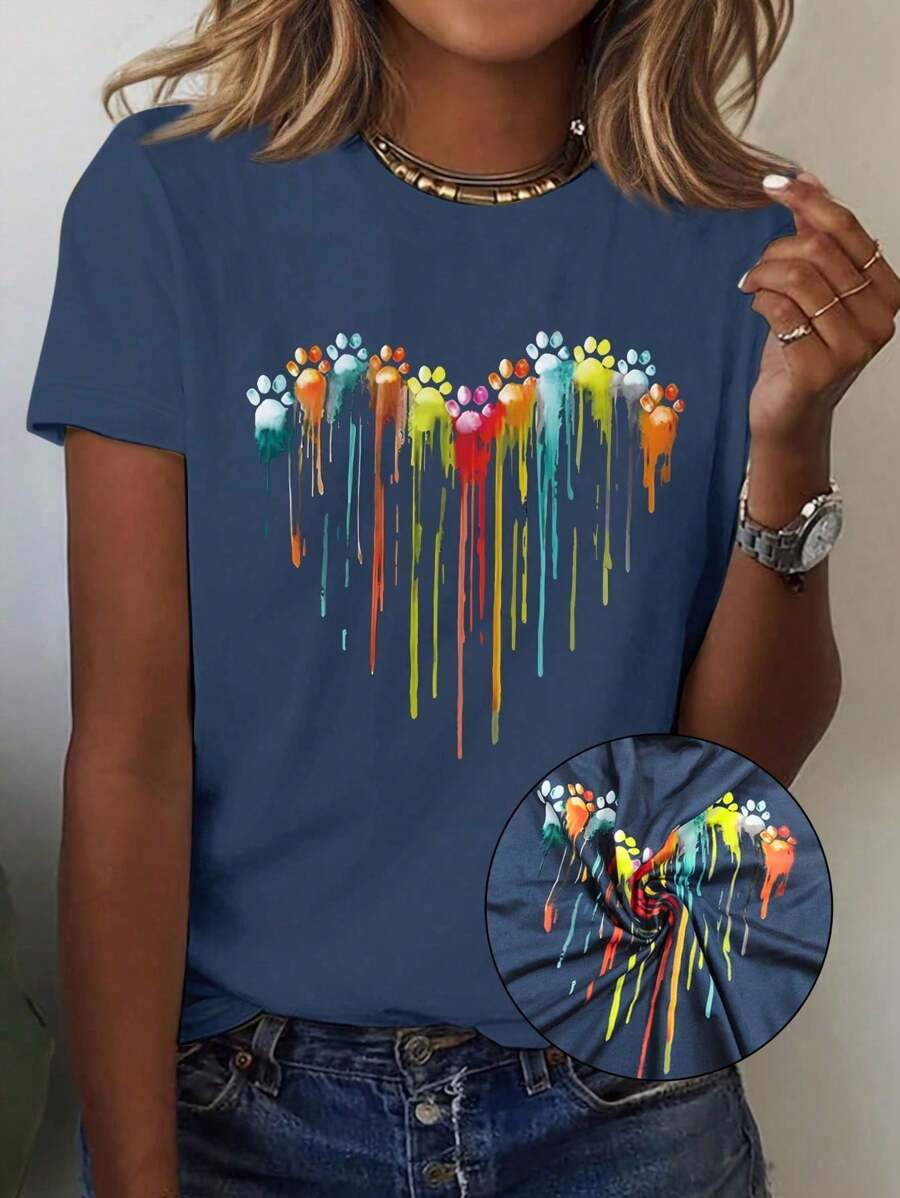 INAWLY Koszulka z nadrukiem łapy psa w kształcie serca, okrągły dekolt, krótki rękaw, do swobodnego stroju, koszulki graficzne, damskie topy