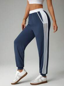 Easithlete Women's Casual Contrast Color Elastic Waist Slit Pocket Ankle Banded Pants - Multicolor - View 3