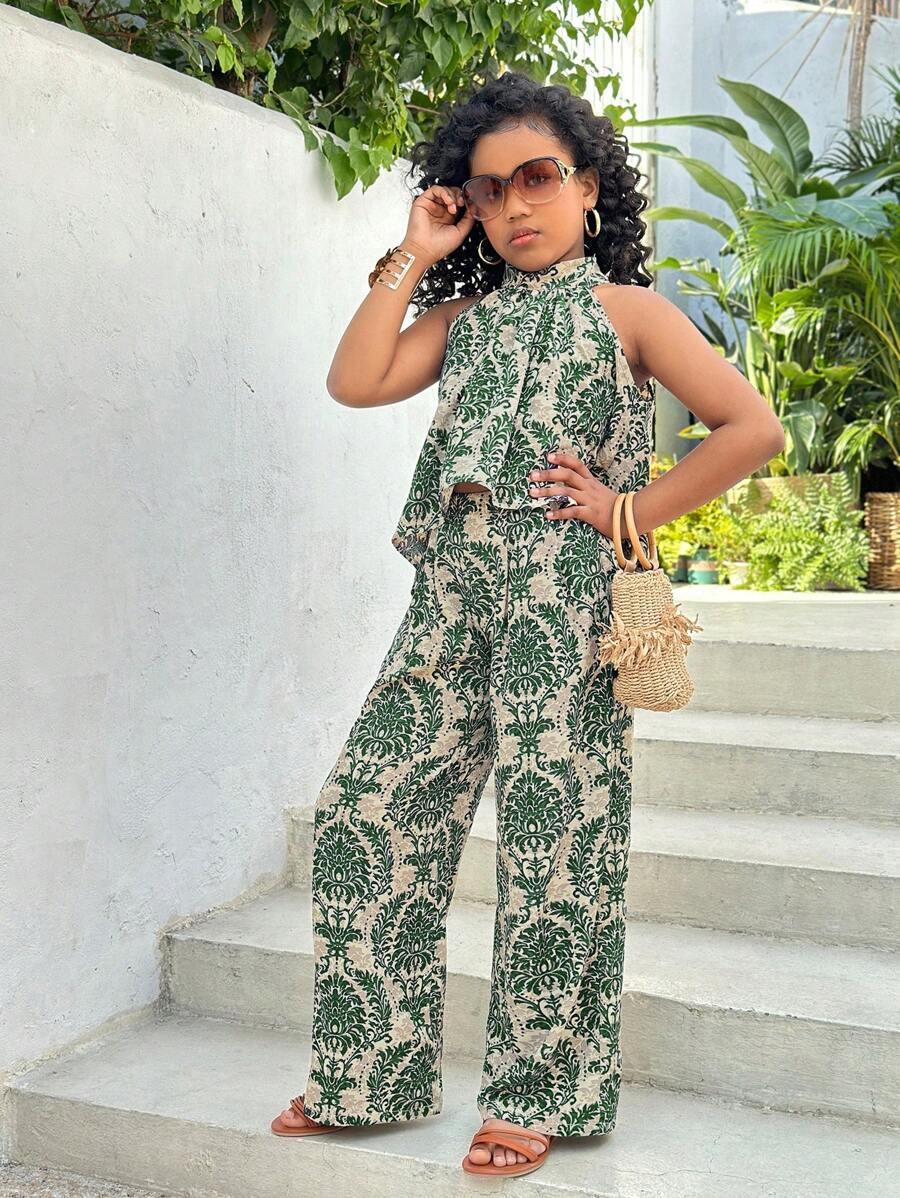 SHEIN SLAYR KIDS Conjunto de 2 piezas para niñas preadolescentes: Top de halter con estampado floral diminuto y pantalones rectos, para vacaciones - Verde - Ver 1