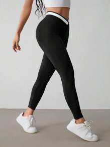 SHEIN PETITE Leggings casual da donna con vita asimmetrica e contrasto di colori, versatili
