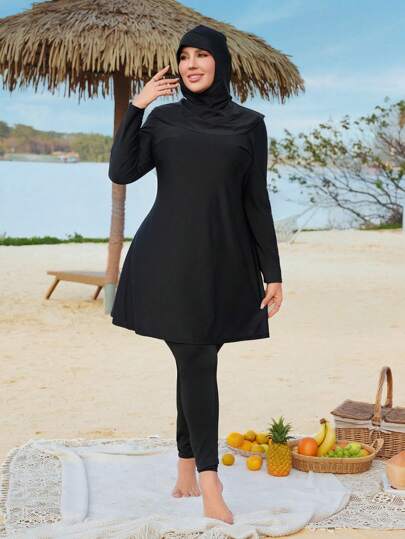 Swim Mulvari 3pcs Plus Size Solid Color Burkini Set For Beach And Vacation For Summer