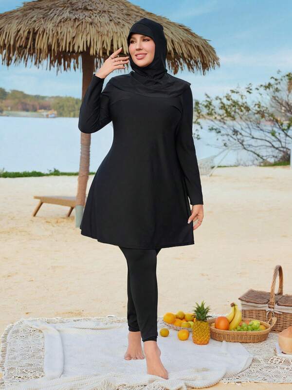 Swim Mulvari 3pcs Plus Size Solid Color Burkini Set For Beach And Vacation For Summer