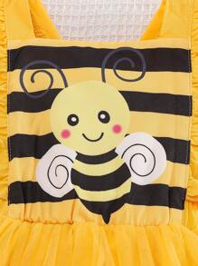 SHEIN Playful Pals 1pc Baby Girls Crew Neck Striped Bee Sleeveless Cap Sleeve Mesh Princess Dress, Cute Casual Everyday Party School Halloween Tulle Skirt, Summer New Arrival - Yellow - View 6