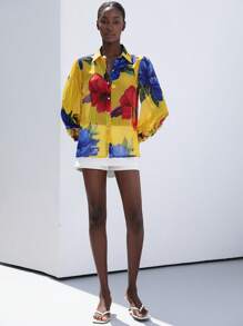 Aveloria Modichic Chiffon Contrast Color Floral Print Layered Flounce Cuff Long Sleeve Blouse Button Up Shirt Women  Fall Cloth For Women - Yellow - View 4