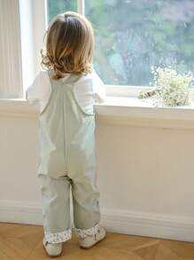 SHEIN Baby Girl Spring/Summer Mint Green Casual Pants, Ditsy Floral Patched Ankles, Countryside Style Jumpsuit - Mint Green - View 2