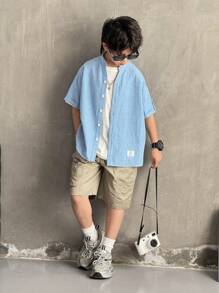 Tween Boy Oversized Casual Stand Collar Short Sleeve Shirt, Suitable For Kids, Back To School, Boys Sets For Birthday Parties, Evening Parties, Performances, Weddings, Baptisms, Opening Ceremonies, Daily Wear, School, Travel, Sports, Spring And Summer