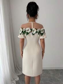 Lyxana Váy midi tay bồng thêu hoa hồng trắng vai trễ vai thời trang mới xuân hè cho nữ - trắng - Xem 2