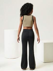 JNSQ Conjunto deportivo para niña preadolescente de vuelta al colegio, conjunto de top de tirantes y pantalones acampanados deportivos profesionales para niñas, conjunto de top de tirantes deportivo profesional con estampado de letras divertidas a contraste y pantalones acampanados ajustados para niños - Multicolor - Ver 13