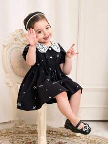 Baby Girl Spring&Summer Elegant Style Lace Decoration Collar Short Sleeves Dress - Black - View 1