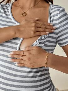 SHEIN Comfortable Cotton Blend Striped Nursing Dress With Discreet Breastfeeding Access And Notched Neckline For Easy Nursing