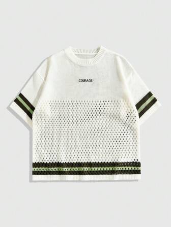 Maglietta casual da uomo a maniche corte, lavorata a maglia in modo ampio, con motivo a righe e lettera