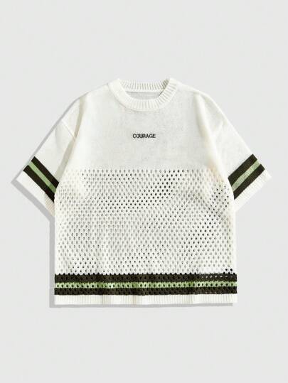 Top décontracté à manches courtes en maille ample avec lettre et rayures pour hommes