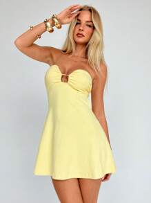Aloruh Đầm Cami Mini hở lưng gợi cảm màu trơn - Màu vàng - Xem 7