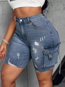 SHEIN SXY 大码休闲洗水做旧工装牛仔短裤