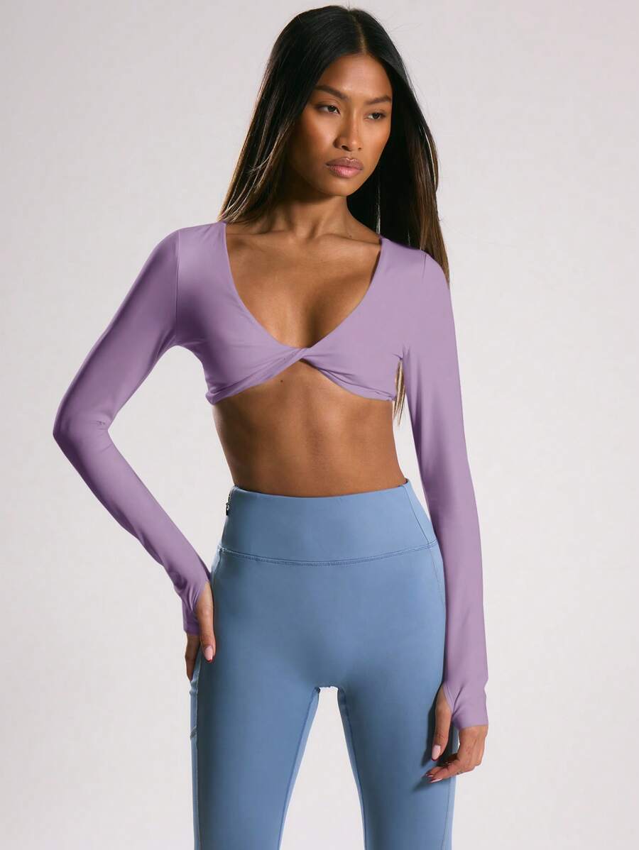Musera Sport Twist Front Long Sleeve Sports Crop Top, Padel, Tennis, Pickleball Gym Fitness - Mauve Purple - View 1