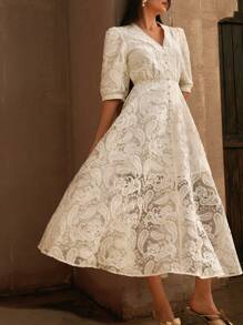 Anewsta 春夏优雅度假约会夜海滩女士约会派对 V 领透视腰部收紧蕾丝花卉刺绣优雅短袖长裙 - 杏色 - 查看 6