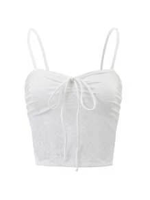 Jouncy Camiseta ajustada de mujer con frente de encaje contrastante y lazo - Blanco - Ver 6