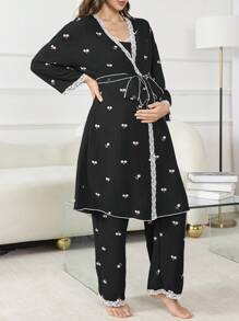 Moonlight&Mama 3pcs Maternity Sleepwear Set With Romantic Bubble & Cherry Blossom Print, Cozy And Elegant Details, Clothes, Fall & Winter - Black - View 6