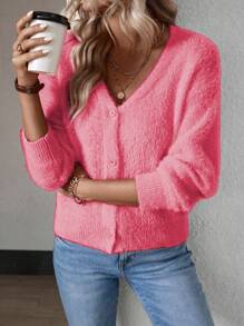 Calvaya Solid Color Front Button V-Neck Elegant Mink Hair Cardigan With Short Length, Long Sleeve Fall Winter Cloth For Women - Watermelon Pink - View 7