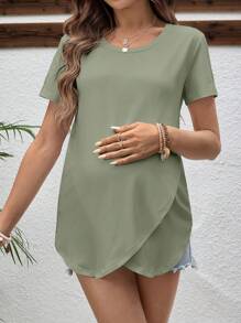 SHEIN Solid Color Round Neck Short Sleeve Maternity & Nursing Top