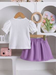 SHEIN Baby Girl Summer New Cute Grape Puff Sleeve Top + Solid Color JK Pleated Skirt Set - White - View 2