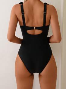 SHEIN 女士黑色紧身度假 V 领荷叶边性感休闲连体泳衣 - 黑色 - 查看 2