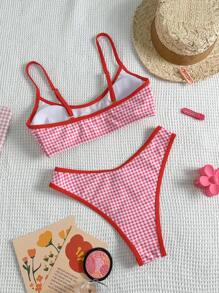 Swim Mod 2pcs Women Checkered/Random Print Spaghetti Strap High Cut Cute Bikini Set, Summer - Red and White - View 2