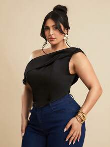 SHEIN BAE Plus Size Women's Elegant Black Summer Satin Asymmetrical Neck Camisole,Formal Evening Night Out Club Backless Top,Corset For Birthday Wedding Party - Black - View 3
