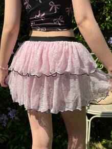 SHEIN Teen Girl Casual Minimalist Comfortable Ruffle Trim Colorblock Floral 3D Decor Lace A-Line Skirt