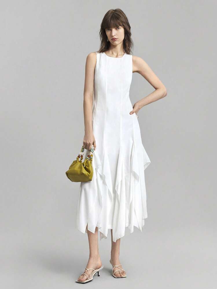 2025 Spring & Summer Women Solid Color Round Neck Sleeveless Ruffled Hem Dress, Elegant Ladies Summer Dress, Spring Dress, Mid-Length Dress, Graduation Dress, Vacation Dress