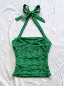 Soleia Damen grünes strukturiertes Strick Tanktop mit Rückenteil, geeignet für den Urlaub