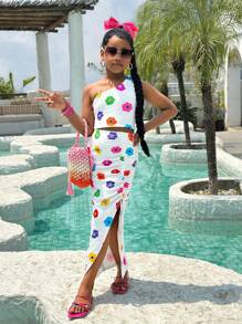 Set de 2 piezas con Top asimétrica de cuello estampada con flores y falda ajustada con volantes para niñas preadolescentes en vacaciones