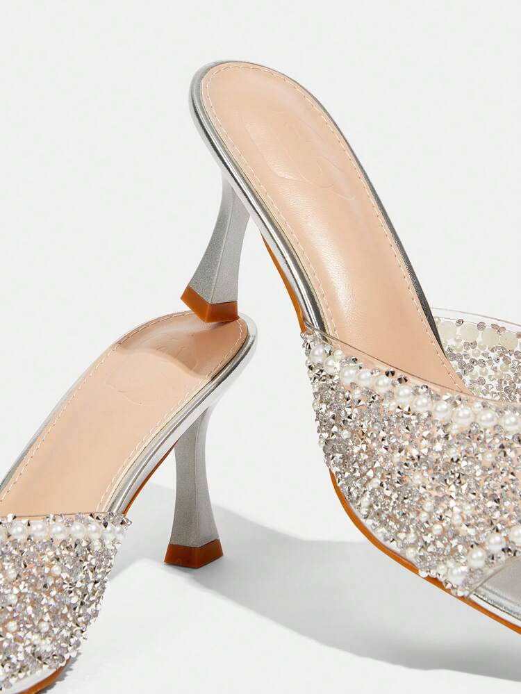 CUCCOO TILAWA Women Silver Square Toe Rhinestone Decor Slingback High Heel Sandals For Christmas Summer Shoes