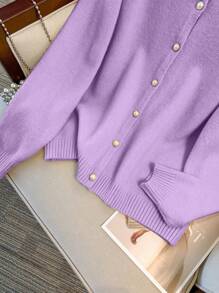 GlowEve CURVE 女式大码休闲简约优雅圆领单排扣长袖开衫 - 紫色 - 查看 6