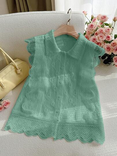 CosyJoli 大码女式绿色针织提花盖袖荷叶边翻领衬衫，适合度假、休闲约会、毕业典礼