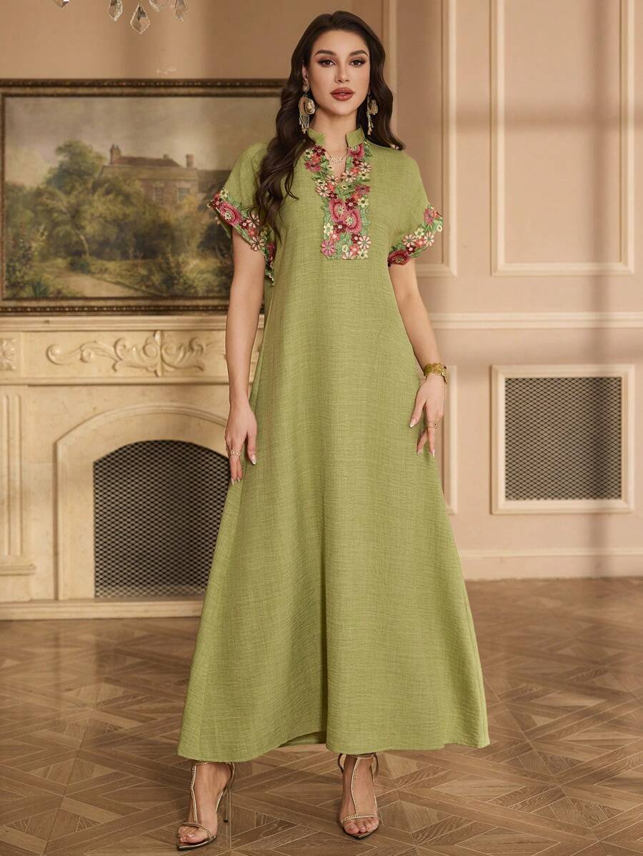 Al Najma Embroidered Collar Flower Design Shoulder Sleeve Stand Collar Elegant Dress, Kaftan