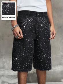 ROMWE MEN ROMWE Avant Pantalones cortos vaqueros (jorts) de hombre con decoración de strass, de moda de vanguardia para el verano