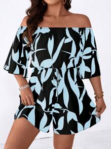 SHEIN LUNE Plus Size Women Casual Off Shoulder Jumpsuit With Printed Pattern