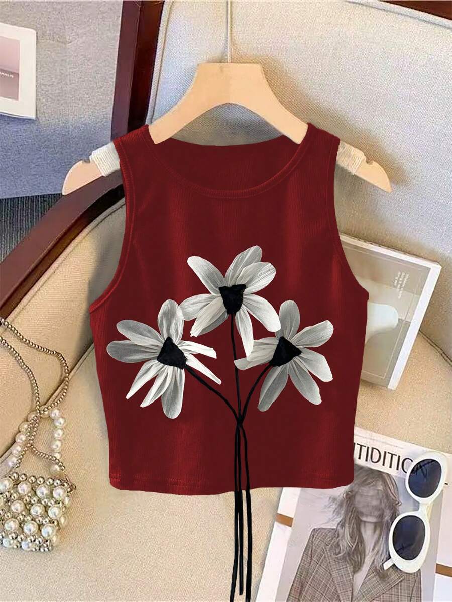 Franclia 女士 3D 花朵装饰圆领优雅背心，夏季 - 紅色 - 查看 1