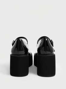 Sugerpunk Women Black Leather Chunky Wedge Platform Shoes, For Outdoor, Graduation, Wedding Party, Summer, University Students, Spring - Black - View 8