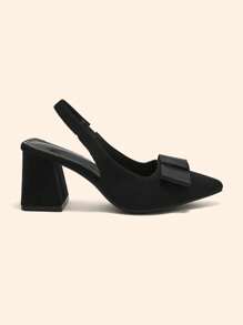 CUCCOO BASICS Women's Fashion Black Fabric Bow Pointy Toe Block Heel Pumps For Christmas - Black - View 3