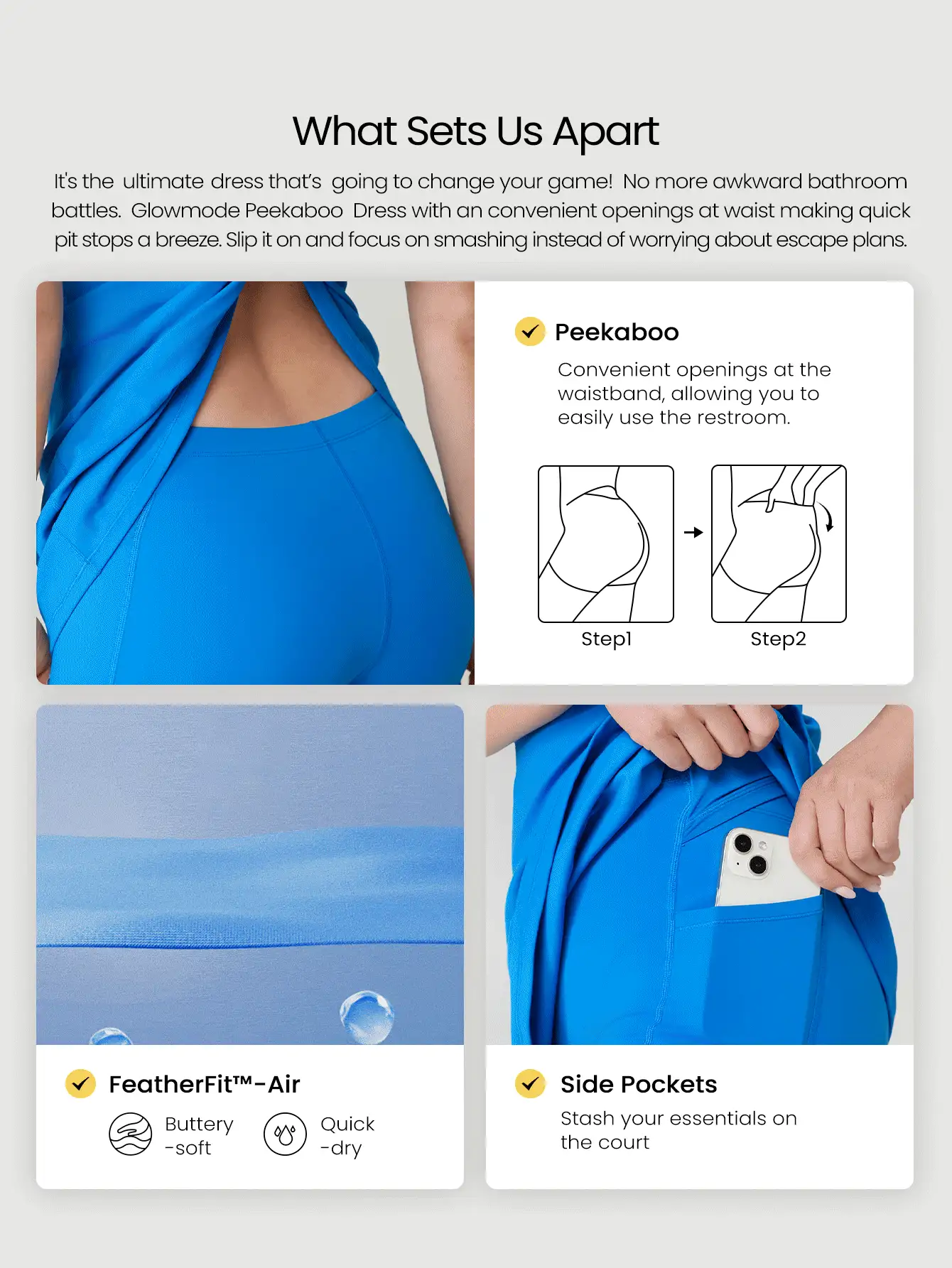 GLOWMODE Vestido de primavera y verano FeatherFit™-Air con short integrado, bolsillo, antideslizante, ligero y de secado rápido, que absorbe la humedad, ideal para yoga de bajo impacto y uso diario.