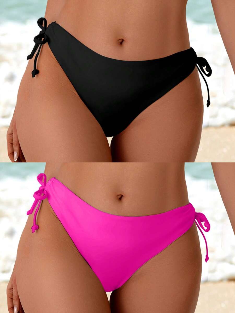 Swim Vcay 2 Pieces Women Vacation Beach Tie Bottom Swimwear Set For Summer - Hot Pink - View 1