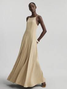 Ontre 2025 新款开叉设计女式卡其色细肩带条纹 A 字形连衣裙，休闲假日风格春夏 - 卡其色 - 查看 3